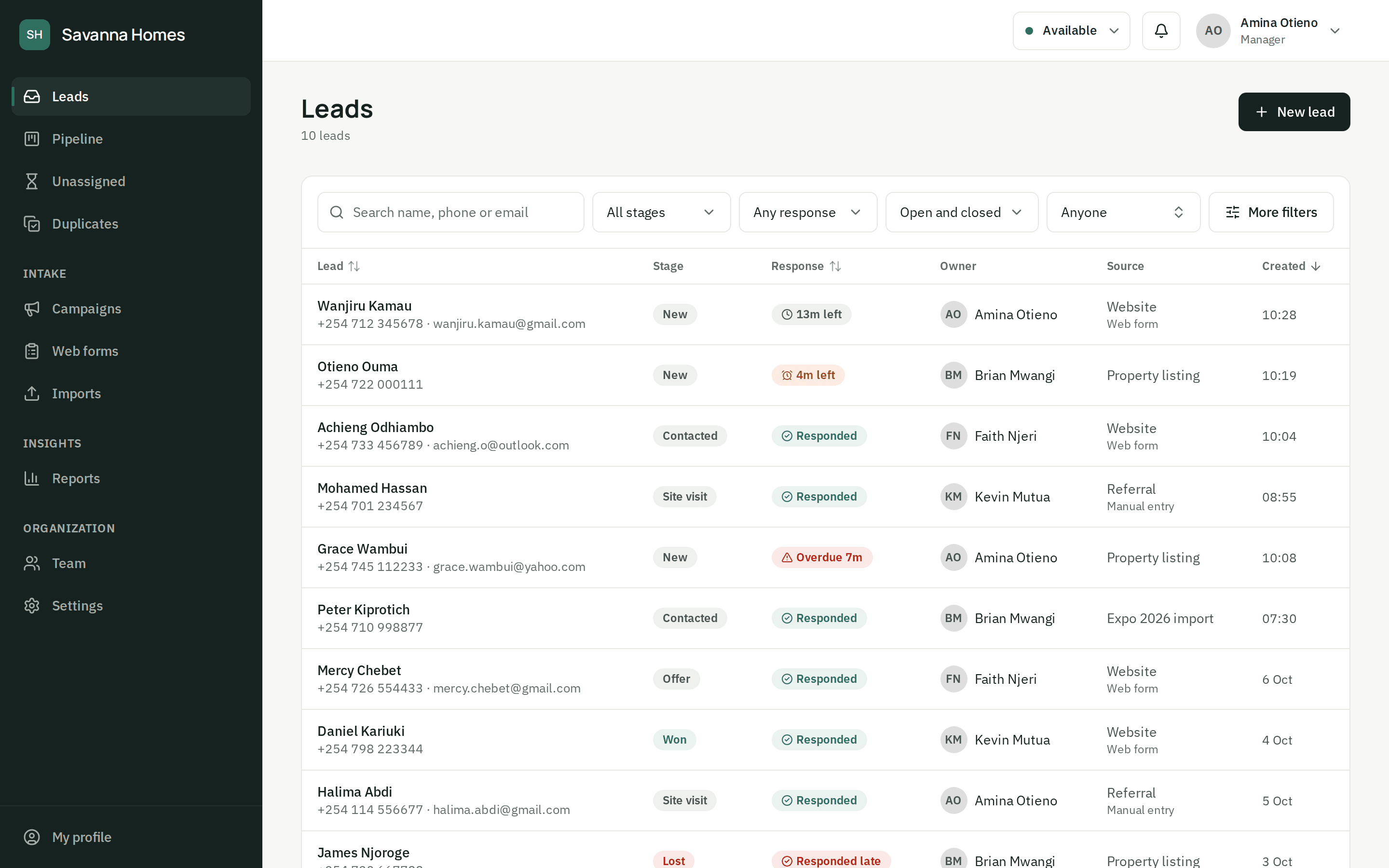 The ZonoLead lead inbox: each lead with its stage, a response countdown, its owner and where it came from