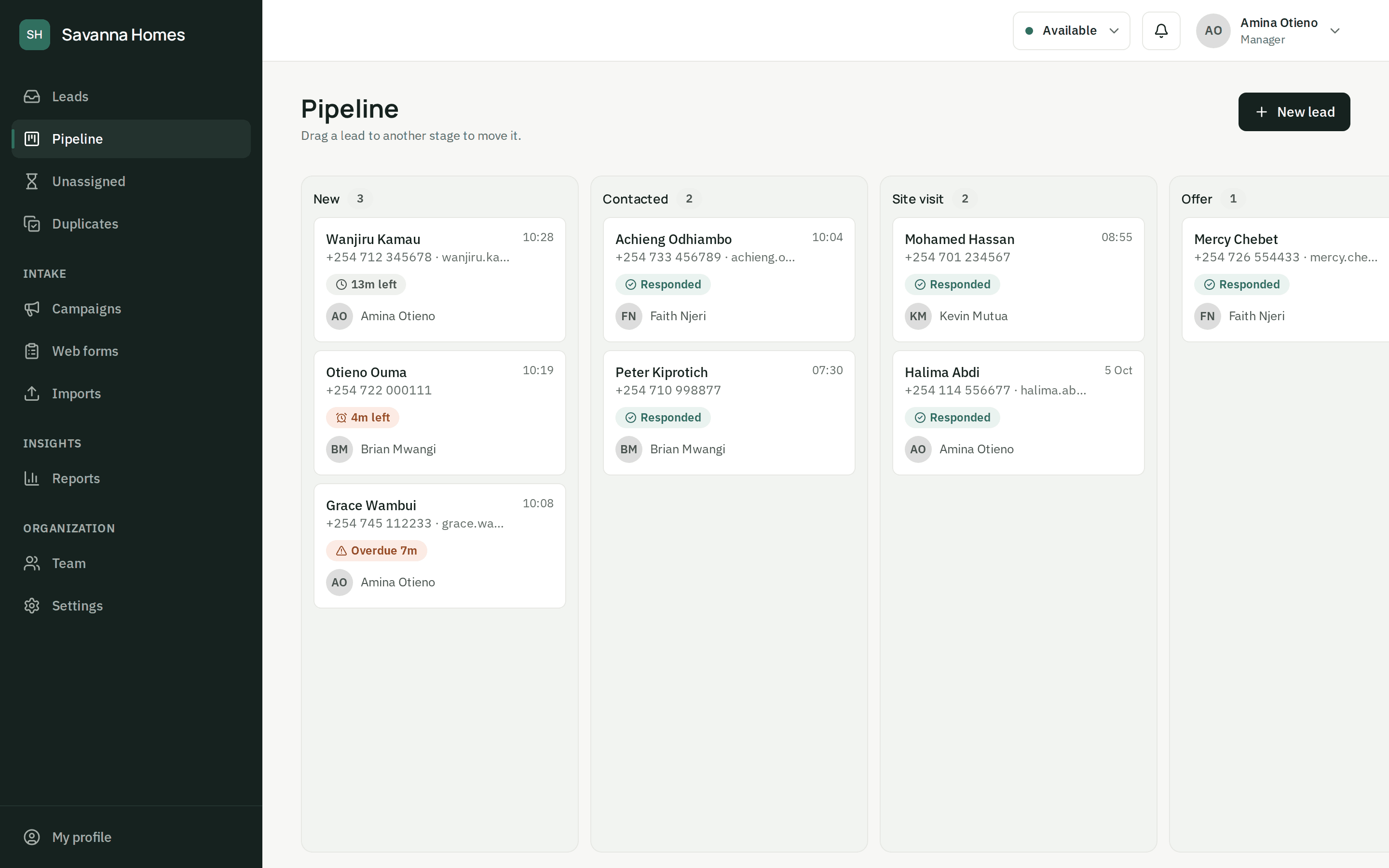 The pipeline board: leads in columns by stage, each with its response status and owner