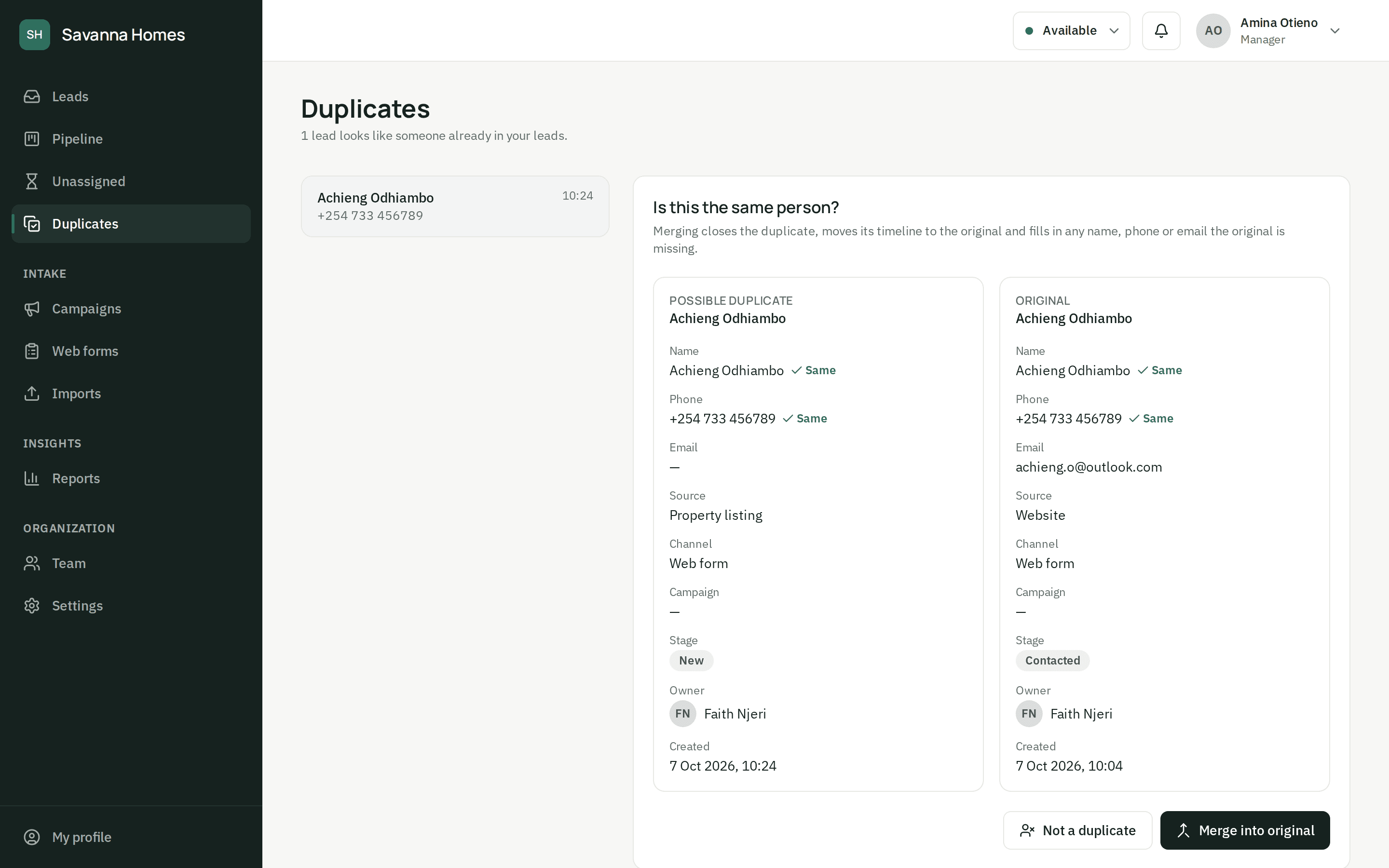 Duplicate review: the same person's two enquiries side by side, matching name and phone marked, with a button to merge them