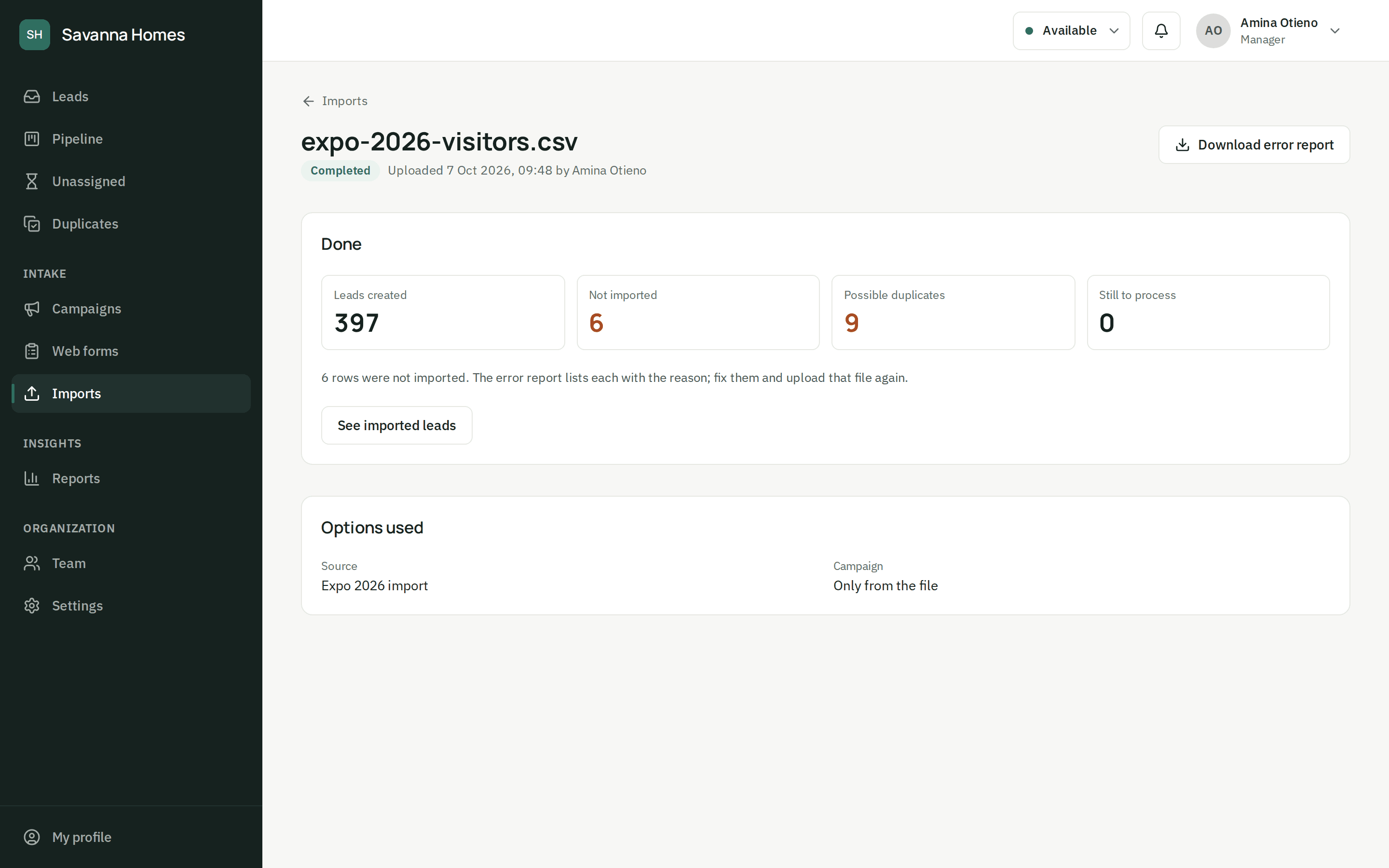 A finished spreadsheet import: 397 leads created, 6 rows not imported and 9 possible duplicates, with a download of the error report