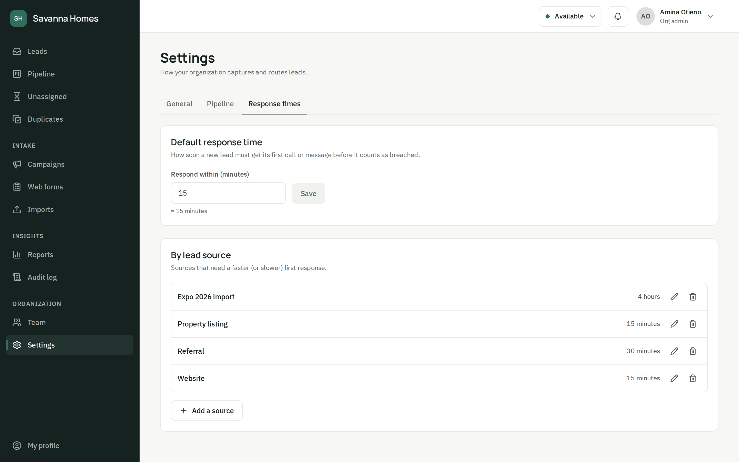 Response time settings: a 15-minute default, and a target for each lead source from 15 minutes to 4 hours