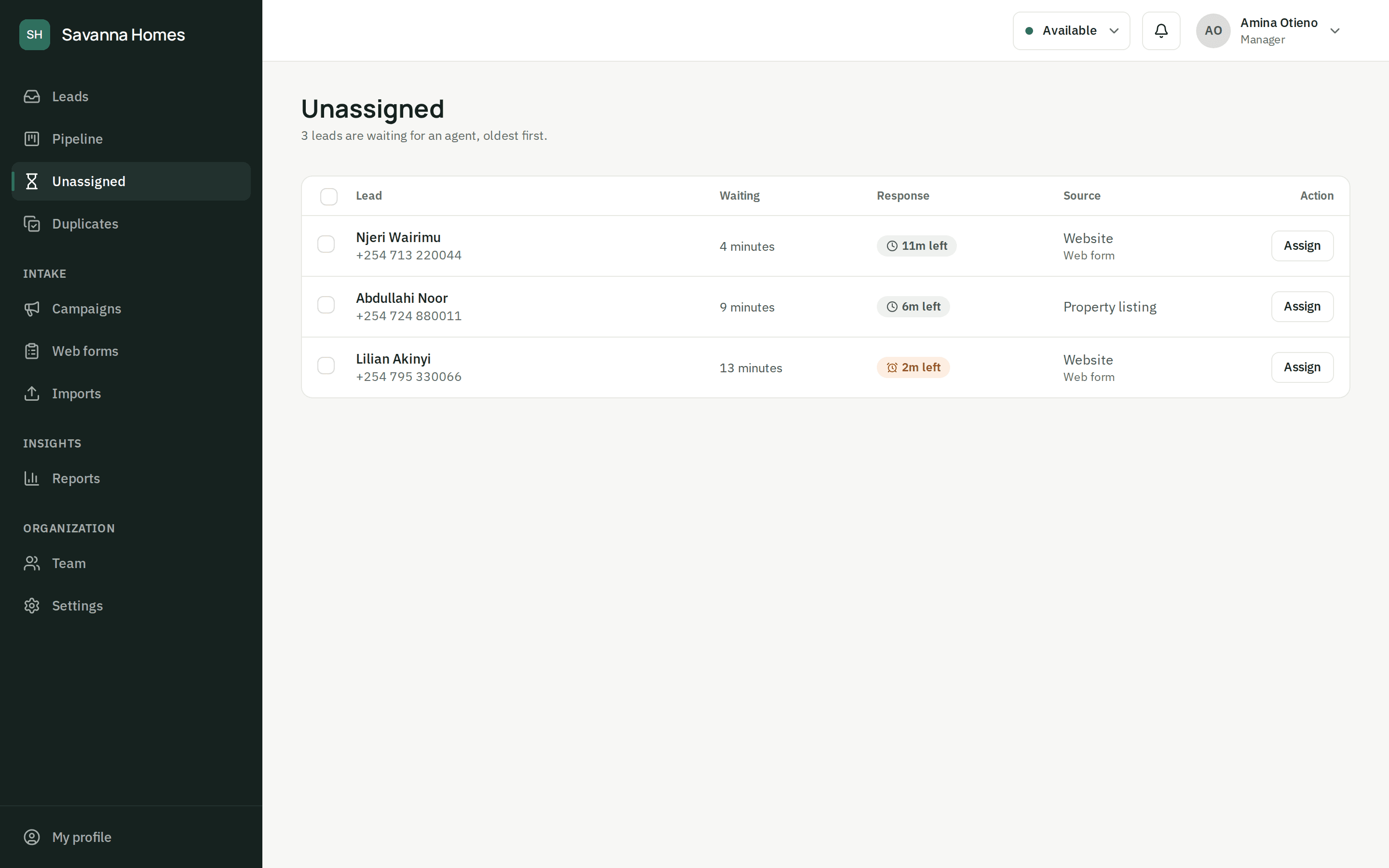 The unassigned queue: three leads waiting for an agent, oldest first, each with its response countdown