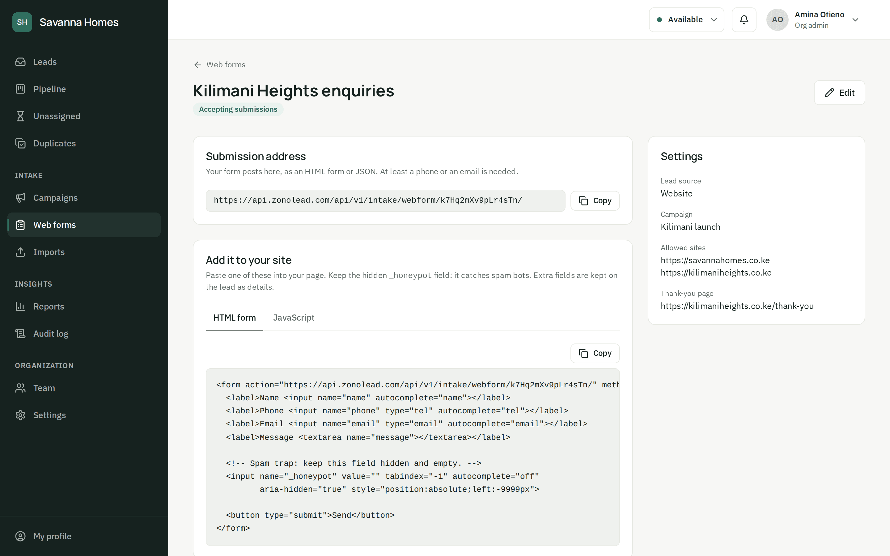 A web form's page: its submission address, the snippet to paste into a website, and its source, campaign and allowed sites